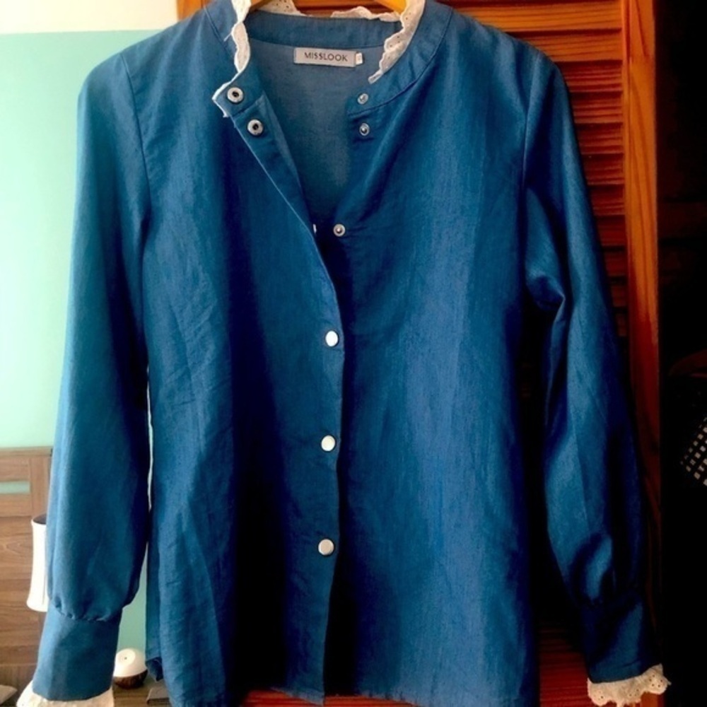 Miss Look Button Down Denim Jean Shirt Chemise